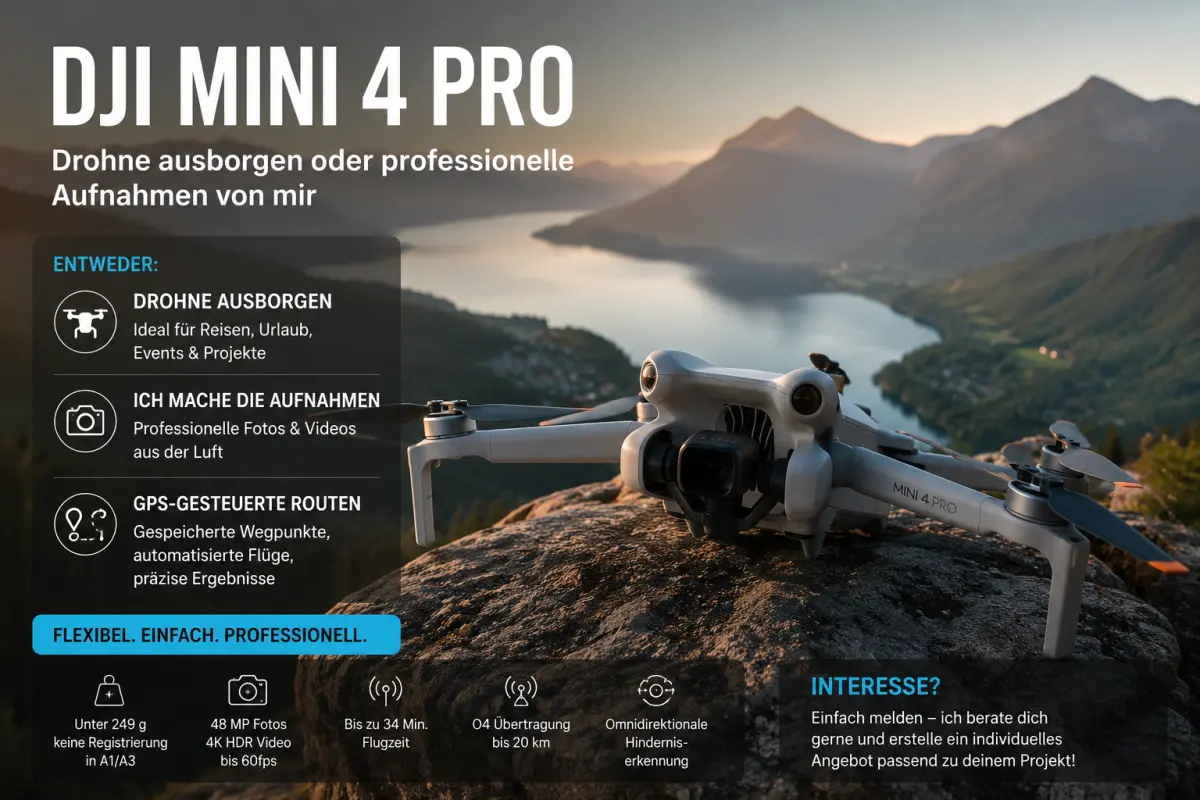 DJI Mini 4 Pro ausborgen oder Drohnenaufnahmen buchen