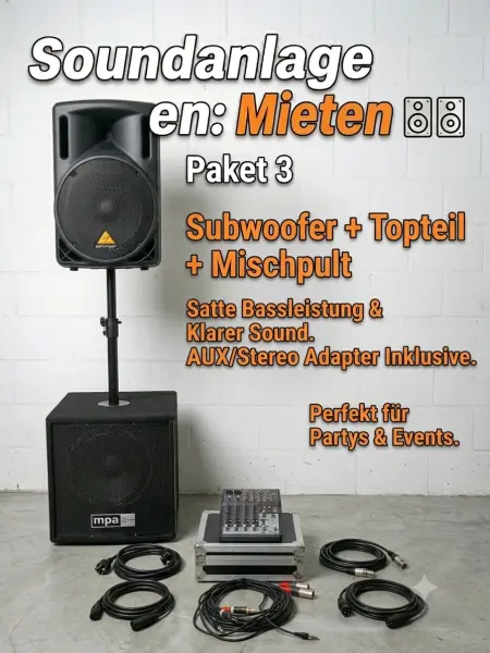 Kompaktes Bass-Soundset mieten / Subwoofer + Aktivbox & Distanzstange