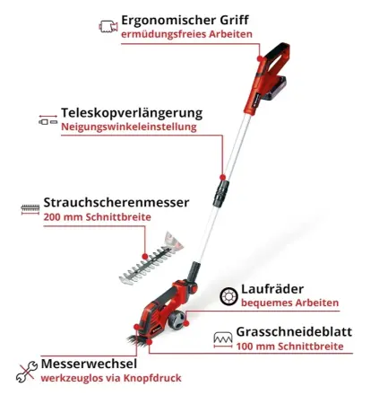 Einhell Akku-Gras- und Strauchschere mit Teleskopstange und Rollen