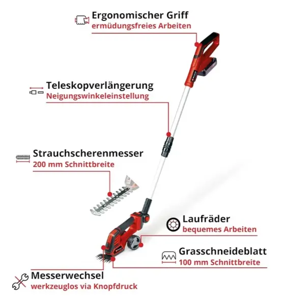 Einhell Akku-Gras- und Strauchschere mit Teleskopstange und Rollen